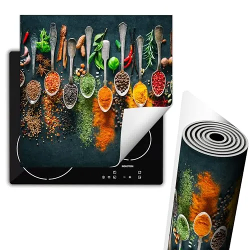 TMK ArtDeko Herdabdeckplatte Einteilig Küche Herdabdeckung Ceranfeld Herdabdeckplatten Anti Rutsch Matte Aufrollbar 60x52 cm, Gewürze Löffel