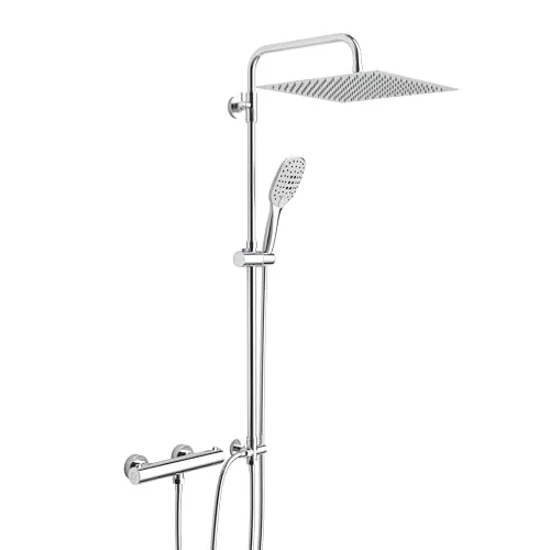 Görbach Regendusche Duschsystem mit Thermostatbatterie Edelstahl Duschset mit Duscharmatur Komplettset (Kopfbrause 30x30cm, Chrom)