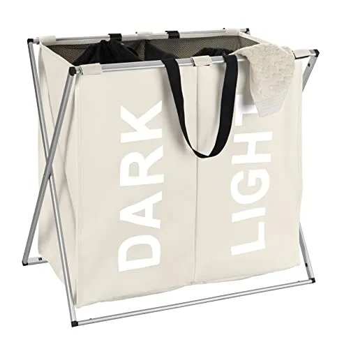 WENKO Wäschesammler Duo Beige - 120 l Wäschekorb mit Deckel - Wäschekörbe mit 120 l Volumen, ideal zur Wäschetrennung dank zwei Fächern und modernem Design. Praktische Tragegriffe und Staubschutz machen ihn zum perfekten Helfer im Bad oder Schlafzimmer.