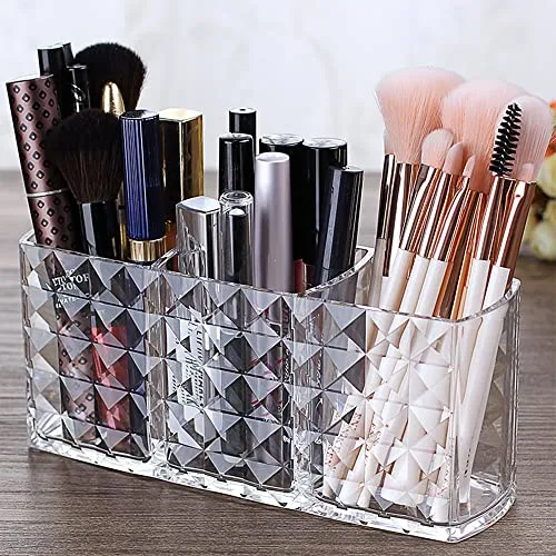Ubitree Kosmetik Organizer, 3 Fächern Kristall Makeup Pinsel Halter für Eyeliners Lippenstift Wimperntusche, Acryl Schminkaufbewahrung für Badezimmer Schlafzimmer Waschtische Büro Schreibtisch