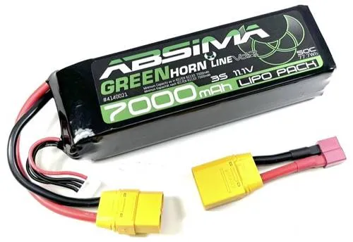 Absima Modellbau-Akkupack LiPo 11.1 V 7000 mAh - Modellbau-Akkupack (LiPo) mit hoher Kapazität von 7000 mAh, ideal für leistungsstarke Anwendungen. Inklusive XT90 Stecker und T-Plug Adapter für vielseitige Nutzung.