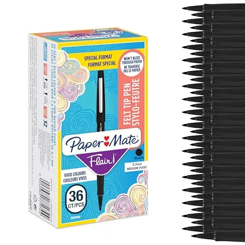 Paper Mate Flair Filzstifte - 36 Stück in Schwarz, mittlere Spitze (0,7 mm) - Schreibutensilien mit wischfester, wasserbasierter Tinte für kräftige Linien und ohne Klecksen. Ideal für kreative Köpfe, die ihre Persönlichkeit ausdrücken möchten.