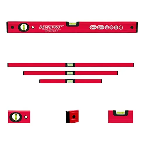 DEWEPRO 3-tlg. Profi-Set - Aluminium Wasserwaage - rot lackiert - 3-teilig - Längen: 100cm + 150cm + 200cm - Messtoleranz: 0,5mm/m - Aluwasserwaage Aluminiumwasserwaage