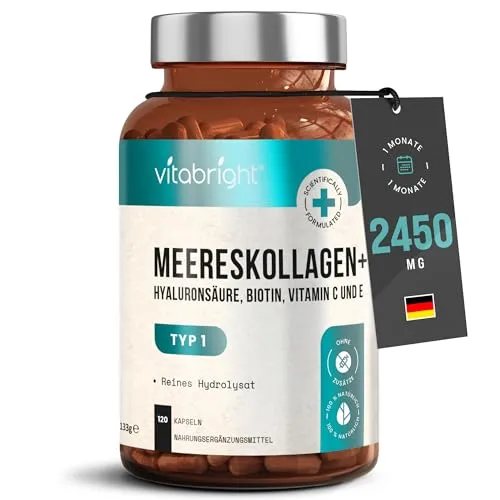 Kollagen Kapseln Hochdosiert 2450 mg | Hydrolysiertes Meeres Collagen Peptide | Hyaluron Kollagen-Präparate mit Vitamin C, E, B2 und Zink | Gelenke Haut Haare | 120 Collagen Kapseln | VitaBright