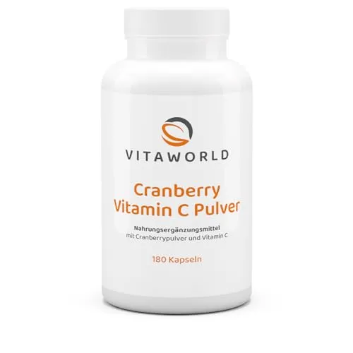 vitaworld Cranberry 400 mg + Vitamin C, 400 mg Cranberry Pulver pro Kapsel, 75 mg Vitamin C pro Kapsel,180 Kapseln