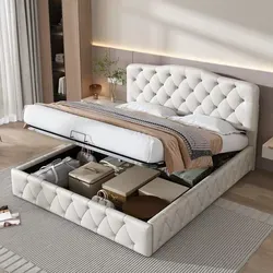 Flieks Polsterbett 140x200cm mit Lattenrost und Stauraum - Praktisches Polsterbett mit klappbarem Lattenrost und großzügigem Stauraum für Decken und Kissen. Das elegante, weiße Design und das höhenverstellbare Kopfteil bieten Komfort und Stil.