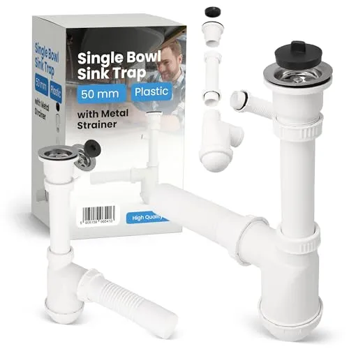 Siphon 50 mm für Waschbecken & Waschtischmit mit Abflusssieb Metall Sieb & Stöpsel Für Spülbecken Siphon Waschbecken Ablaufgarnitur Spüle Zubehör Syphon Badezimmer Küchenspüle Abflussrohr Abfluss