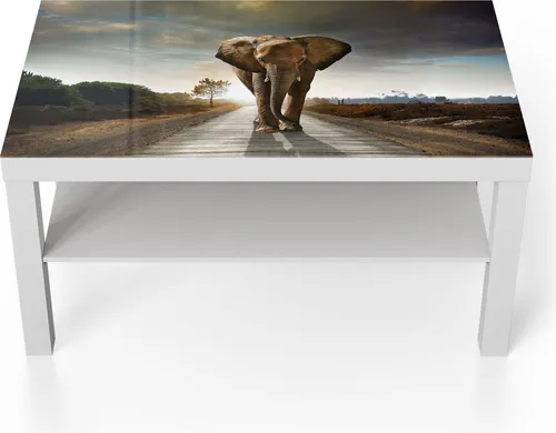 DEQORI Couchtisch 90x55 cm Weiß 'Elefant auf Asphalt' Glas Beistelltisch