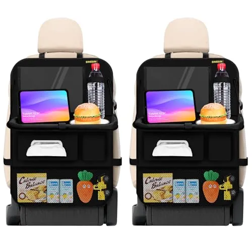 Einesin Auto Rückenlehnenschutz und Organizer, Auto Organizer, Autositz Organizer mit Faltbarer Tischablage, Tablet Tasche und Viele Taschen(2 Stück, Schwarz) (2)