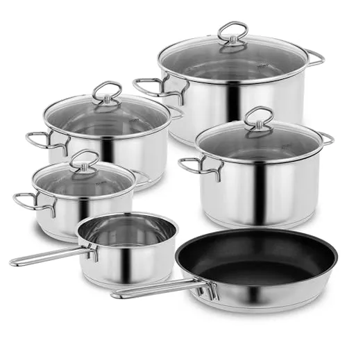 Kopf Topf-Set Merkur 6-tlg: Edelstahl Kochtopfset für Induktion - Topfsets mit Schüttrand und Literskala, ideal für präzises Kochen und Backen. Inklusive 4 Fleischtöpfen, 1 Bratpfanne und 1 Stielkasserolle.