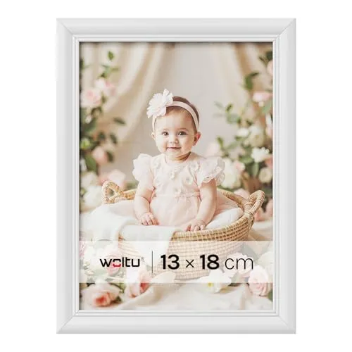 WOLTU Bilderrahmen 13x18, Fotorahmen aus Massivholz und PS-Platte, Holzrahmen mit Passepartout, zum vertikalen oder horizontalen Aufhängen/Aufstellen, Posterrahmen Collage Wanddeko, Weiß