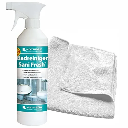 HOTREGA Badreiniger Sani Fresh 500 ml + Microfasertuch - Gebrauchsfertiger, materialschonender Kalk- & Seifenentferner für Bad & WC