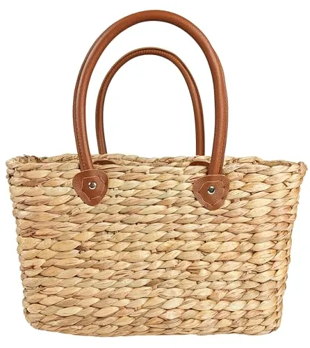 Kobolo Shopper Korbtasche aus Wasserhyazinthe - Shopper aus handgefertigter Wasserhyazinthe mit Ledergriffen, ideal für Einkäufe, Büro oder Strand - verleiht jedem Look ein Boho-Flair.