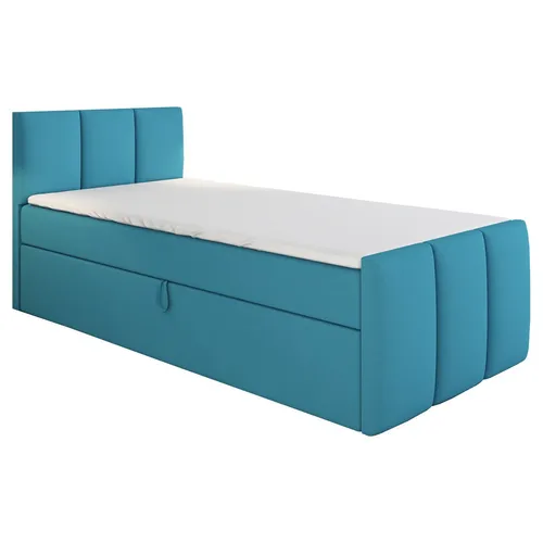 Boxspringbett MOREN 80x200 (Rechts) mit Bettkästen und Topper - Blau - Das perfekte Jugendbett für komfortable Nächte. Mit praktischen Bettkästen und einer Bonell-Matratze bietet es optimalen Schlafkomfort. Maße: 80x200 cm, Höhe: 44 cm.