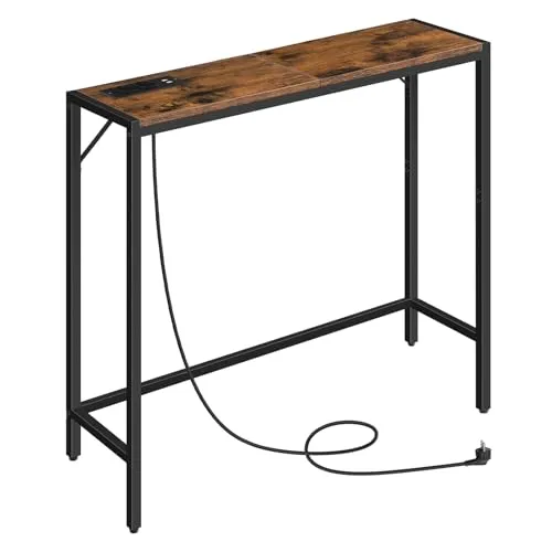 MAHANCRIS Konsolentisch mit Ladestation, 76,5 x 24 x 74 cm, Schmaler Beistelltisch Hinter Dem Sofa, 2 Steckdosen und 2 USB-Anschlüsse, für Wohnzimmer, Flur, Braun und Schwarz ACTHR76UE01N1