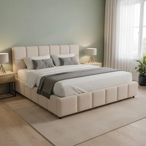 Juskys Polsterbett Florenz 180 x 200 cm – Beige, modernes Design mit stabilem Rahmen - Stilvolles Polsterbett Florenz mit quadratisch abgestepptem Kopf- und Fußteil. Hochwertiger Bouclé-Bezug, stabiler Rahmen mit 500 kg Tragkraft – ideal für gemütliche Nächte im Schlafzimmer oder Gästezimmer.