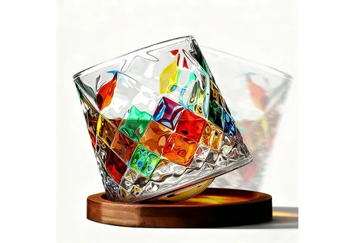 Fine Life Pro Glas Bunte Diamant-Muster Whiskybecher – 280 ml, 4-tlg. - Bunte Diamant-Whiskybecher mit 280 ml Kapazität, ideal für stilvolle Anlässe. Ein echter Hingucker mit lebhaften Farben, der jedem Getränk einen luxuriösen Touch verleiht.