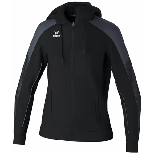 Erima Evo Star Trainingsjacke mit Kapuze für Damen - Schwarz/Grau - Sportjacke in modernem Design, aus 100% recyceltem Polyester für Nachhaltigkeit. Hoher Kragen mit Kapuze, Raglanschnitt und elastische Einsätze für optimale Bewegungsfreiheit.
