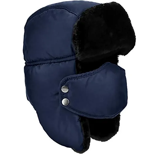 DOXHAUS Unisex Winter Ear Flap, Trooper, Trapper Hat, Keeping Warm While Skating, Skiing Other Outdoor Activities Navy, Black Fur