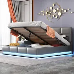 Flieks Polsterbett mit LED, hydraulisches Boxspringbett 160x200cm mit Lattenrost und Stauraum, Doppelbett Holzbett Jugendbett Kunstleder, Grau - Grau