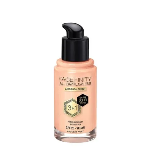 Max Factor All Day Flawless 3 in 1 Foundation in Light Ivory 40 – Primer, Concealer & Foundation in einem – Für ein perfekt mattiertes Finish – 1 x 30 ml