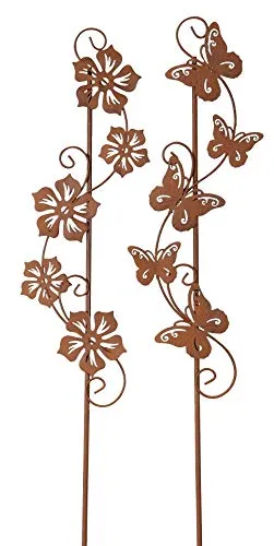 Posiwio dekorativer Gartenstecker Blumenranke und Schmetterlingstanz Metall rostig Preis für 2 Stück als Set