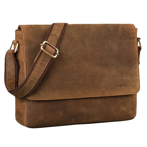 ROYALZ Vintage Umhängetasche Leder mittel-groß für Herren Damen 14-15 Zoll Laptop-Tasche 'San Diego' Bürotasche Messenger Bag Arbeitstasche Aktentasche Echtleder, Farbe:Nevada braun