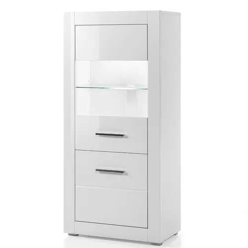 Lomadox Vitrine BALVE-61 in Weiß Hochglanz mit LED-Beleuchtung - Vitrinenschrank in modernem Design, BxHxT: 65x142x35cm, mit pflegeleichten Oberflächen und hochwertiger LED-Glaskantenbeleuchtung für stimmungsvolle Akzente.