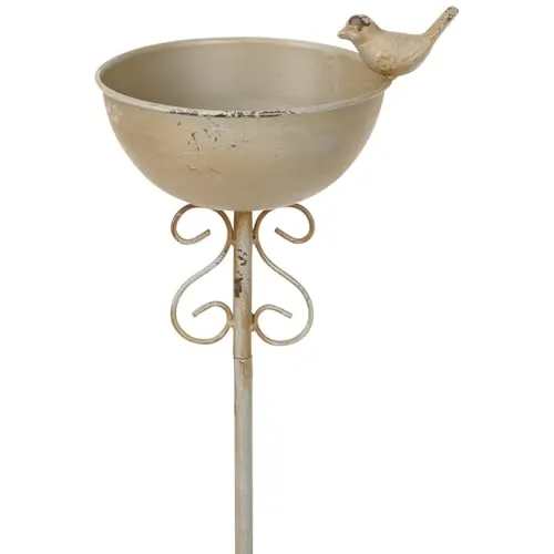 Elegante tiefe Vogeltränke am Stab aus Eisen mit kleiner Vogelfigur & Verzierung - Winterfester Vogelbrunnen mit Erdspieß in Grau - Wetterfeste Gartendeko perfekt für Garten, Terrasse & Balkon