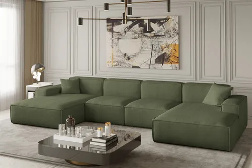 Wohnlandschaft U-Form CELES in Stoff Scala Olivgrün von Fun Möbel