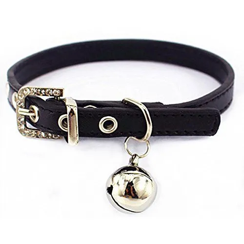 Luniquz PU Leder Crystal Haustier Halsband Katzenhalsband Kleinhundehalsband Gürtel Halsband mit Schelle Schmuck für Katzen/Kleinhunde/klein Haustier - schwarz XS 7