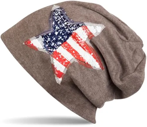 styleBREAKER Beanie Mütze mit USA Pailletten Stern Applikation, Stars and Stripes, Unisex 04024033, Farbe:Braun