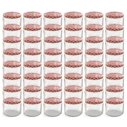 Oputec Einmachgläser 48er Set 282 ml mit Rot Kariertem Schraubdeckel - Einmachgläser für Marmelade und Konfitüre, luftdicht und spülmaschinenfest, ideal für kreative Küchenprojekte und nachhaltige Aufbewahrung.
