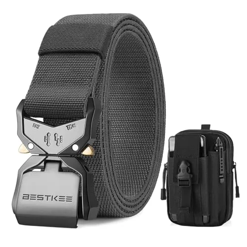 BESTKEE Taktischer Gürtel, 3,8 cm Militär Arbeitsgürtel, Schwerlast Nylon Schwarz Gürtel mit, Geschenk mit Taktischem Molle-Beute