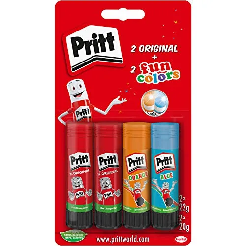 Pritt Klebestift, sicherer und kinderfreundlicher Kleber für Kunst und Bastelarbeiten, starker Klebstoff für Schule & Bürobedarf, 2x22g original und 2 x 20g bunte Pritt Stifte (blau, orange), 9H PTFCS