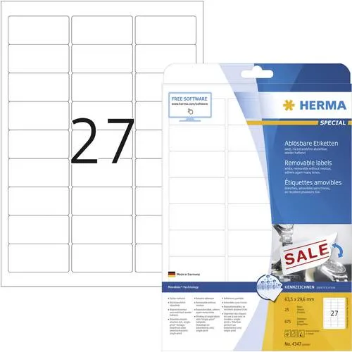 Herma 4347 Universal-Etiketten 63.5 x 29.6 mm Papier Weiß 675 St. Wiederablösbar Tintenstrahldrucker, Laserdrucker, Farblaserdrucker, Kopierer, Farb