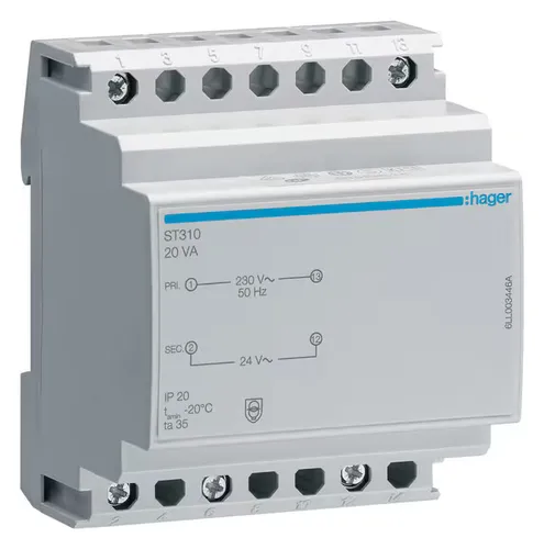 Produktbild Hager ST310 Sicherheitstrafo, 230V/24V, 20VA, 4PLE