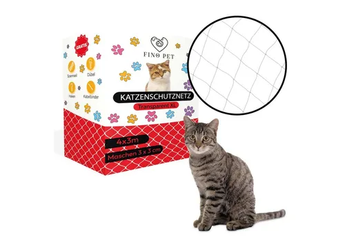 FinoPet Katzennetz für Balkon 4x3 Meter transparent - Balkonnetze für Katzen - Sicherer Schutz für Ihre Katze mit robustem, wetterfestem Nylonnetz, einfach ohne Bohren zu montieren und transparent für ungehinderte Aussicht.