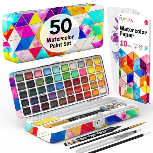 Funcils Aquarellfarben Set - Aquarell Malkasten Inklusive 50 Watercolor mit Metallic Farben und Fluoreszenzfarben, Wasserfarben Malen für Anfänger und Profi, Wasserfarbkasten Künstlerqualität