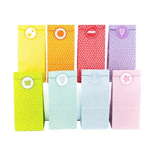 Papierdrachen 24 Partytüten mit 24 Aufklebern - Geschenktüten Set mit Stickern zum Geburtstag - Mitgebsel zum Befüllen und Verschenken - kleines Dankeschön an Deine Gäste - Set 1 Bunt