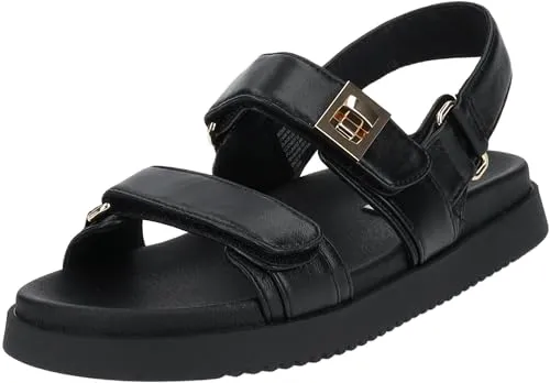 Steve Madden MONA Sandalen für Damen, schwarz (38) - Wanderschuhe mit hochwertigem Leder, übergroßer goldener Hardware und geformtem Fußbett für ganztägigen Tragekomfort.