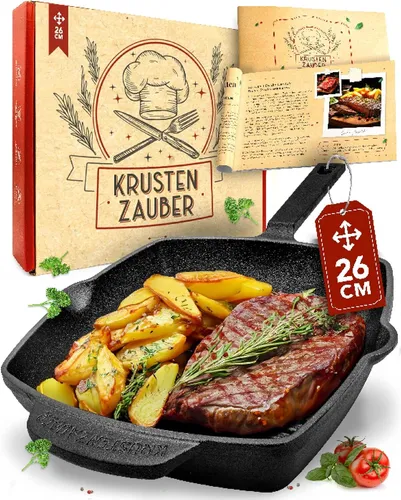 KRUSTENZAUBER 26cm Grillpfanne Induktion - Pfannen – Erlebe traditionelles Kochen mit der 26cm Gusseisenpfanne, ideal für saftige Steaks und knusprige Bratkartoffeln, geeignet für alle Herdarten und sogar den Grill.