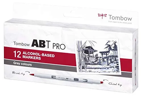 Tombow ABTP-12P-3 Alkoholbasierter Marker ABT PRO – Gray Colors - Schreibutensilien mit zwei Spitzen für präzises Zeichnen. Ideal für Illustrationen und Modedesign, bietet eine streifenfreie Deckung und kontrollierbaren Tintenfluss.