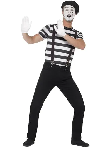 Smiffys Klassisches Pantomime-Kostüm für Fasching - Sechsteiliges Kostümset mit Shirt, Hosenträger, Handschuhen, Schminke und Baskenmütze – ideal für stumme Darsteller und unvergessliche Auftritte.