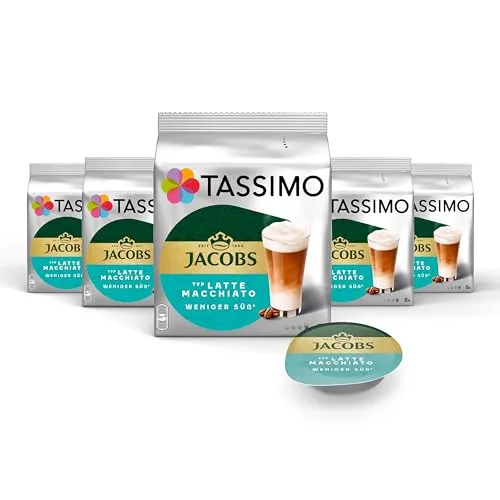Tassimo Jacobs Typ Latte Macchiato Weniger Süß, 40 Kaffeekapseln - Kaffeekapseln & Pads mit 30% weniger Zucker, ideal für einen genussvollen Latte Macchiato in drei Schichten – einfach zubereitet und perfekt für jeden Kaffeeliebhaber.