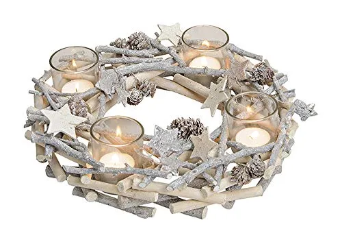 itsisa Adventskranz Holz mit Zapfen & Sternen - tolle Weihnachtsdekoration, Adventsgesteck