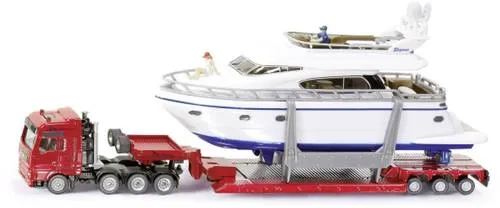SUPER Schwertransport mit Yacht, Modellfahrzeug rot/weiß - Spielzeug, detailgetreues Modell im Maßstab 1:87 für kleine Transport-Fans, ideal für kreative Spielstunden ab 36 Monaten.