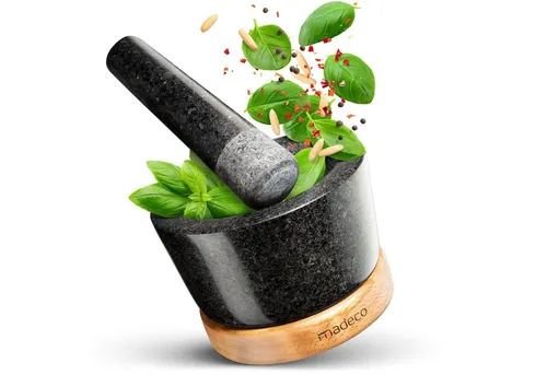 madeco Mörser mit Stößel Granit auf Holzsockel Eiche 14,5 cm - Hochwertiger Steinmörser für aromatische Gewürz- und Kräutermischungen, einzigartiges Design und optimale Handhabung