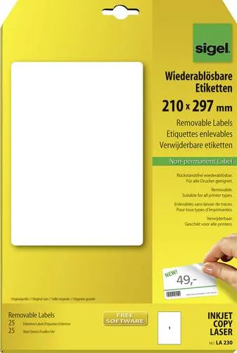Sigel LA230 Universal-Etiketten 210 x 297mm Papier Weiß 25 St. Wiederablösbar Tintenstrahldrucker, Laserdrucker, Farblaserdrucker