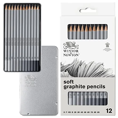 Winsor & Newton 0490007 Graphitstifte Set in 12 Härten H, F, HB, B, 2B, 3B, 4B, 5B, 6B, 7B, 8B und 9B